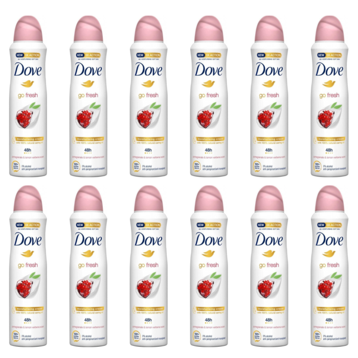 Dove Go Fresh Pomegranate Antiperspirant Deodorant Spray 250ml can on bathroom shelf
