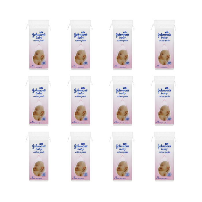 Johnson's Baby Cotton Pads Softening 50 pack on a clean bathroom shelf
