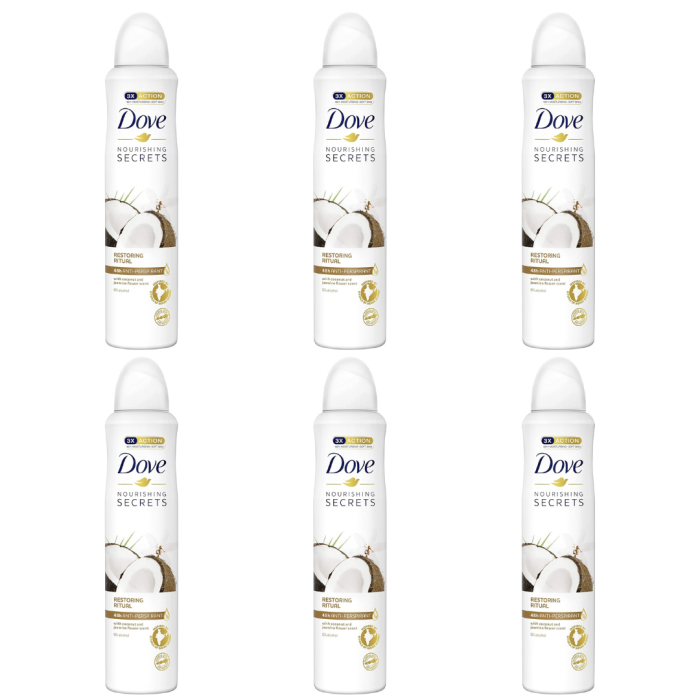 Dove Coconut & Jasmine Moisturising Cream Anti-Perspirant Spray 250ml - Pack of 6