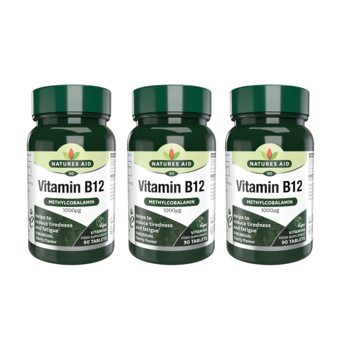 Natures Aid Vitamin B12 Sublingual Methylcobalamin 90 Tablets - Pack of 3