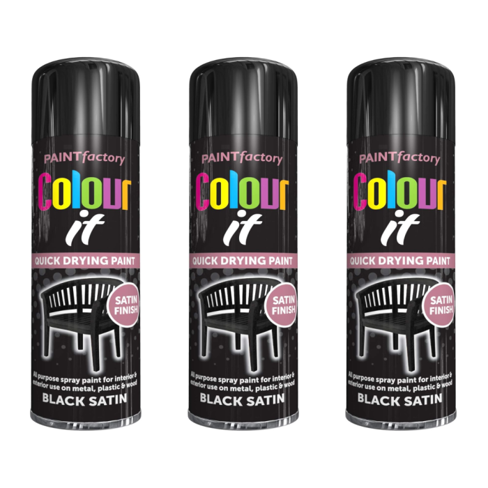 Paint Factory Colour It Satin Black Spray Paint 250ml - Pack of 3