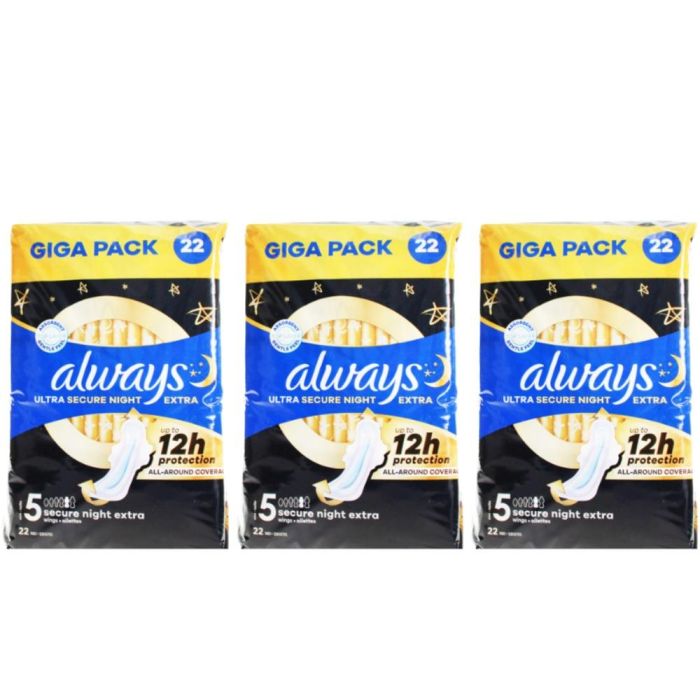 Always Ultra Secure Night Extra Size 5 Sanitary Towels with Wings 22 Count - Pack of 3