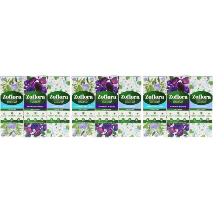 Zoflora Cypress & Sea Sage, Midnight Blooms & Linen Fresh Concentrated Multipurpose Disinfectant 120ml Each - Pack of 3