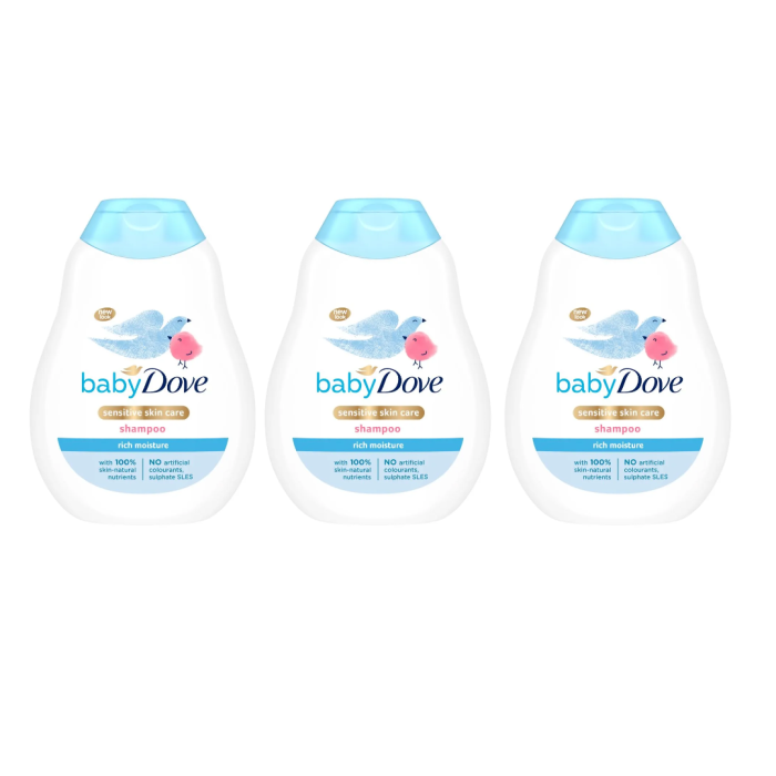 Dove Baby Rich Moisture Sensitive Skin Care Shampoo 200ml bottle on a bathroom shelf
