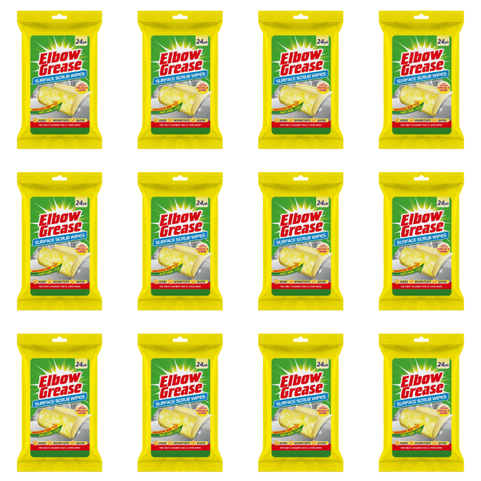 Elbow Grease Surface Scrub Cleaning Wipes 24 Pack on a kitchen counter
