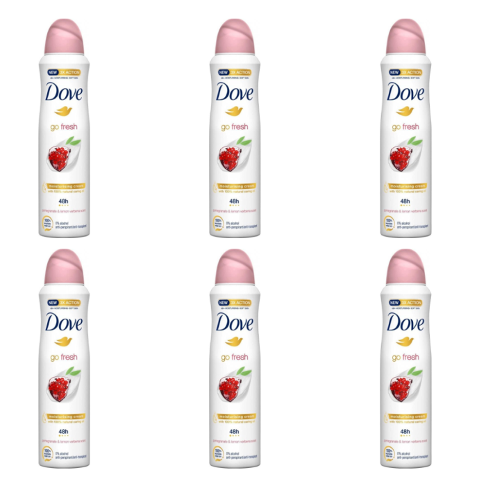 Dove Go Fresh Pomegranate Antiperspirant Deodorant Spray 250ml can on bathroom shelf
