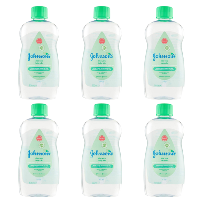Johnson's Baby Moisturising Oil Aloe Vera 500ml bottle on a clean nursery shelf
