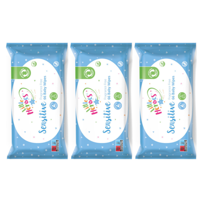 Little Heroes Sensitive Baby Wipes Soft and Safe 66 pack on a clean nursery shelf
