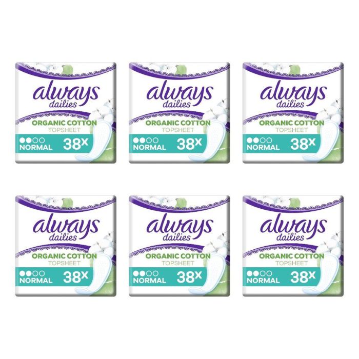 Always Dailies Organic Cotton Protection Panty Liners Normal 38 Count - Pack of 6
