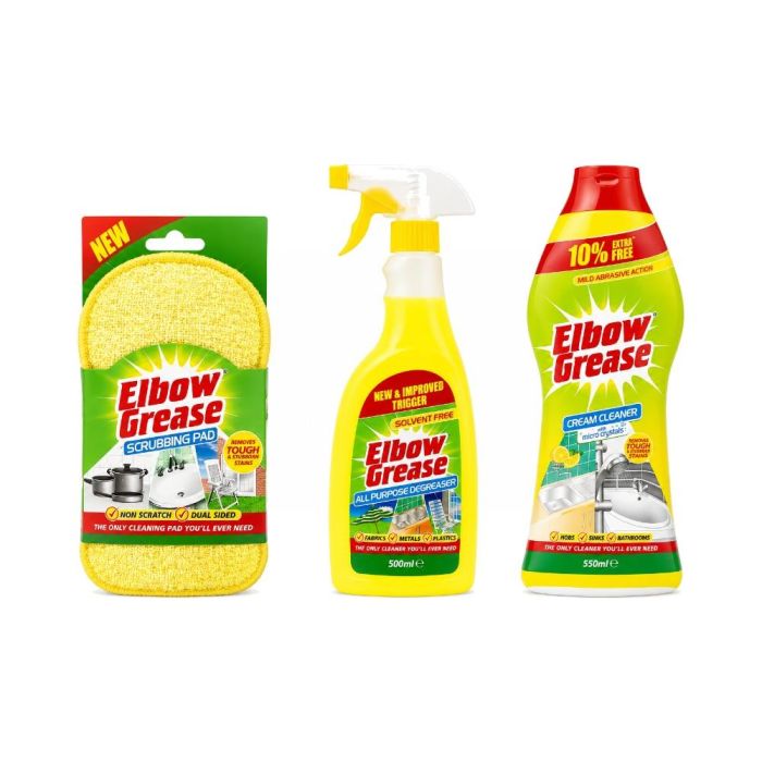Elbow Grease Kitchen Cleaning Bundle – Non-Scratch Scrubbing Pad, Degreaser 500ml & Cream Cleaner 550ml
