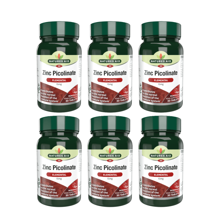 Natures Aid Zinc Picolinate Elemental 15mg 30 Tablets - Pack of 6