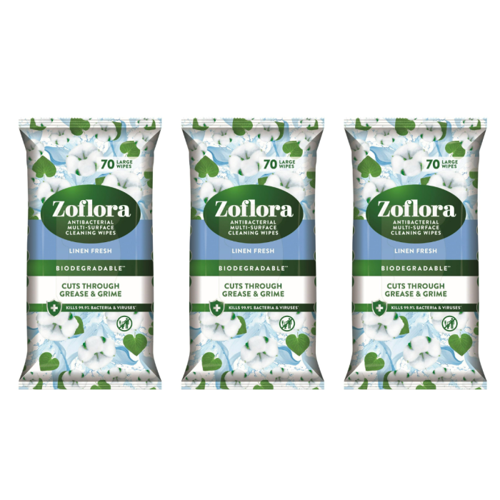 Zoflora Biodegradable Linen Fresh Multi-Surface Disinfectant Wipes 70 - Pack of 3