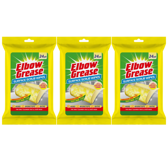 Elbow Grease Surface Scrub Cleaning Wipes 24 Pack on a kitchen counter
