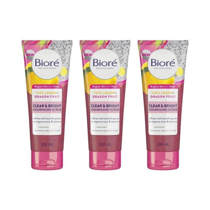 Biore Clear & Bright Yuzu Lemon + Dragon Fruit Scrub 100ml - Pack of 3
