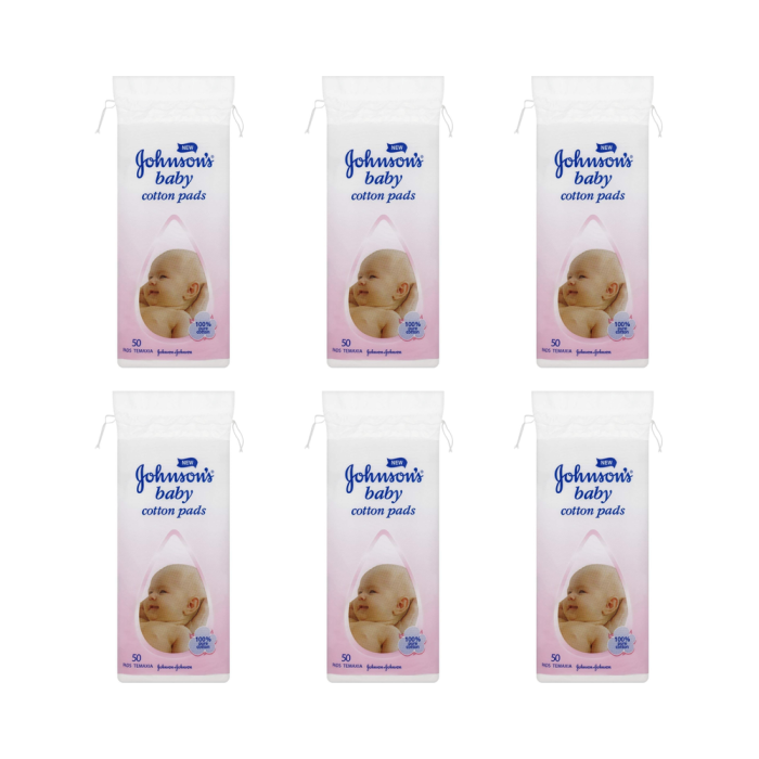 Johnson's Baby Cotton Pads Softening 50 pack on a clean bathroom shelf
