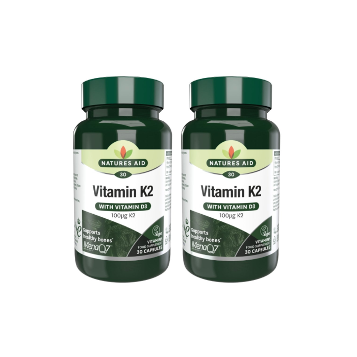 Natures Aid Vitamin K2 100mcg MenaQ7 with Vitamin D3 30 Capsules - Pack of 2