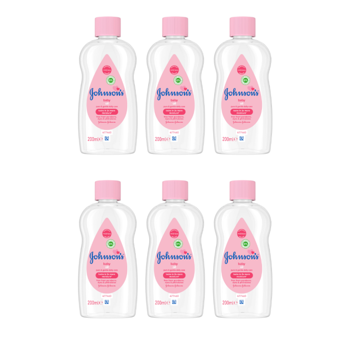 Johnson's Baby Oil Pure and Gentle Care 200ml bottle on a clean nursery shelf
