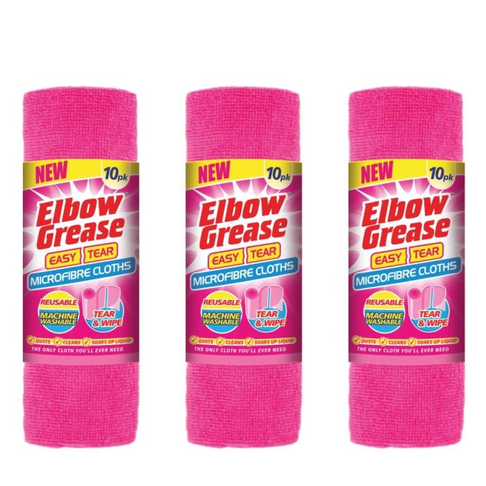 Elbow Grease Pink Easy Tear Microfibre Cleaning Cloths 10pk - Pack of 3
