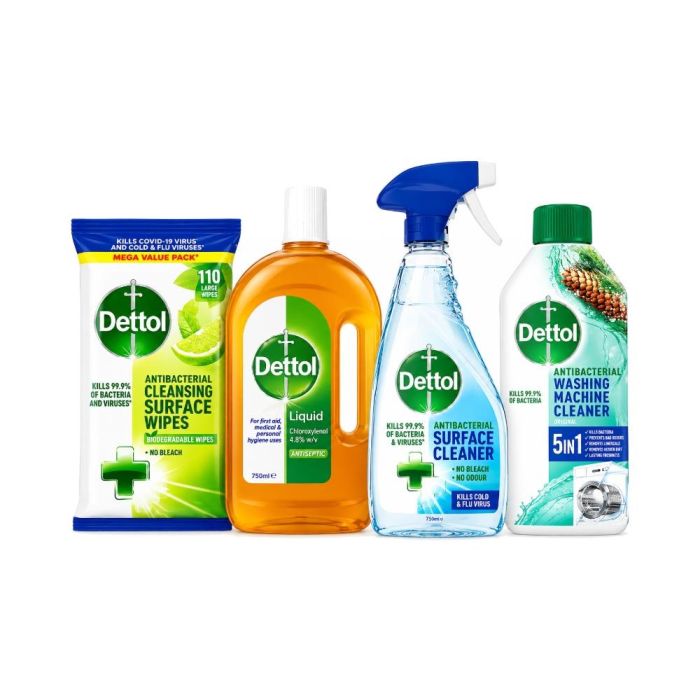 Dettol Antibacterial Cleaning Bundle – Washing Machine Cleaner 250ml, Antiseptic Liquid 750ml, Surface Wipes 110 wipes & Spray 750ml