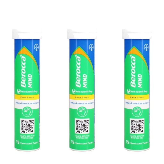 Berocca Mind Citrus Flavour Effervescent Tablets – 15 Count - Pack of 3