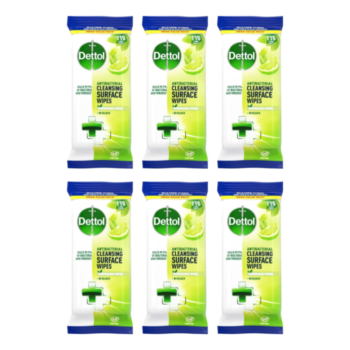 Dettol Antibacterial Cleansing Surface Wipes Lime & Mint 110 Wipes - Pack of 6