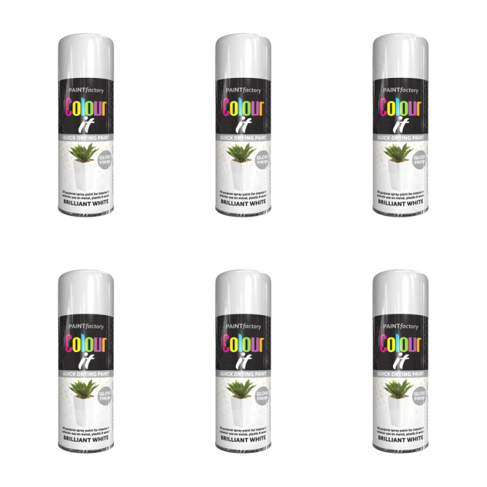 Paint Factory Colour It Brilliant White Gloss Spray Paint 400ml - Pack of 6