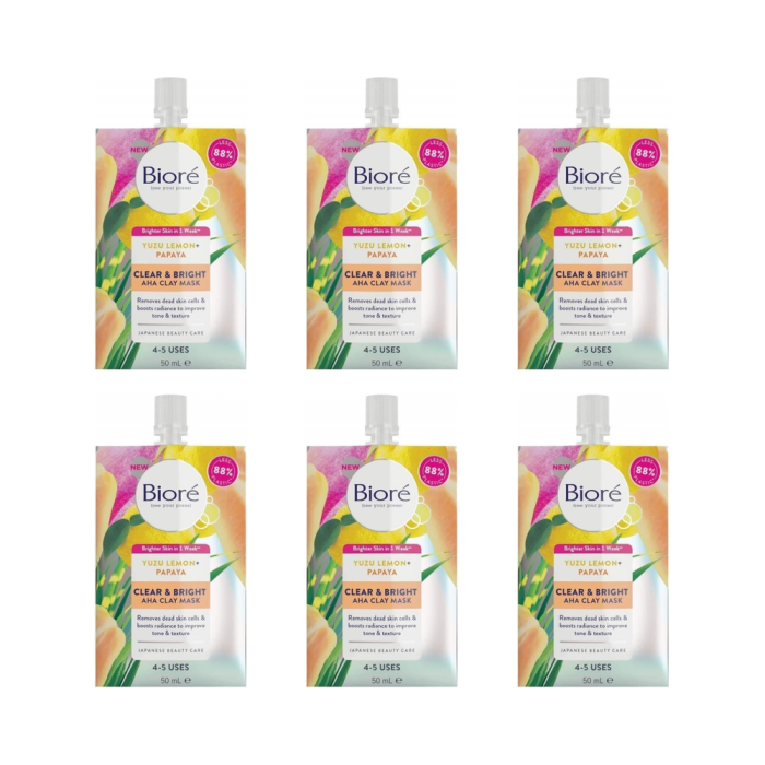 Biore Clear & Bright Yuzu Lemon + Papaya AHA Clay Face Mask 50ml - Pack of 6