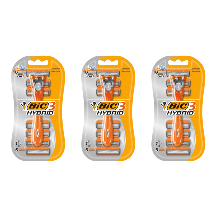BIC 3 Hybrid Men’s Razor with 6 Replacement Cartridges 3 Blade Shaver - Pack of 3