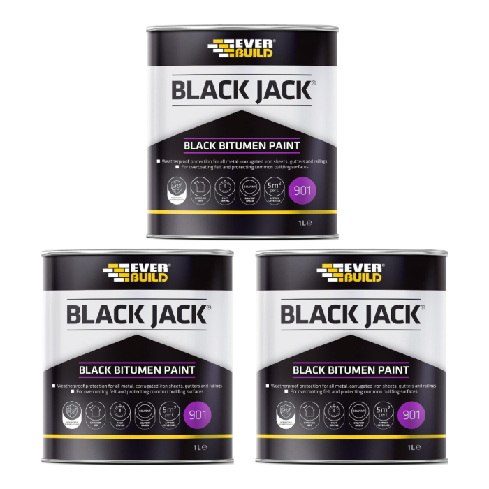 Everbuild Black Jack 901 black bitumen paint 1 litre tin on white background
