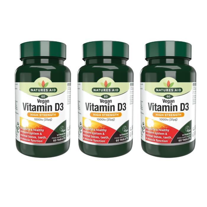 Natures Aid Vegan Vitamin D3 1000IU for Immune System 60 Tablets - Pack of 3