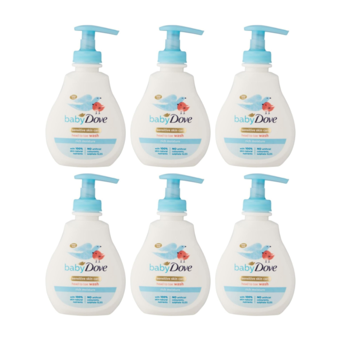 Baby Dove Sensitive Head to Toe Wash Moisture 200ml bottle beside a baby bath
