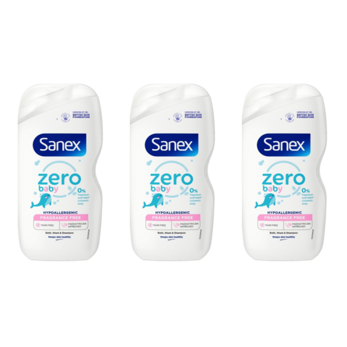 Sanex Zero Fragrance-Free Baby Wash 450ml bottle on a clean bathroom shelf
