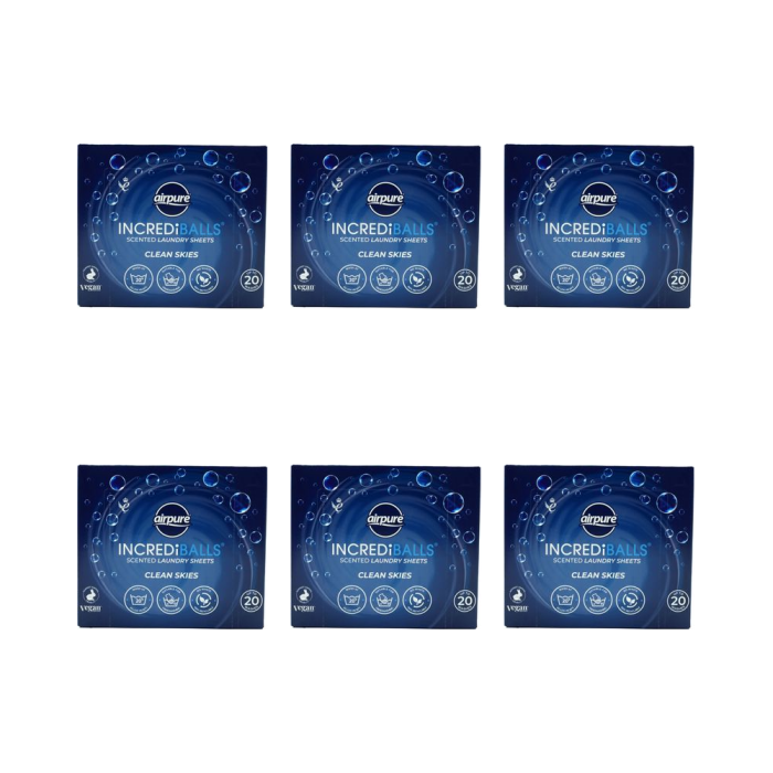 Airpure Incrediballs Laundry Sheets Clean Skies 20 Washes - Pack of 6