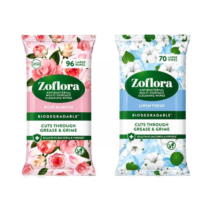 Zoflora Disinfectant Wipes Bundle – Rose Garden 96 Wipes & Linen Fresh Biodegradable 70 Wipes