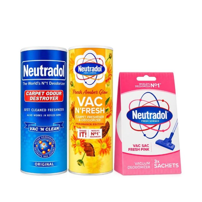 Neutradol Carpet & Vacuum Deodoriser Bundle – Original 350g, Amber Glow 350g & Fresh Pink Vacuum 3 Sachets