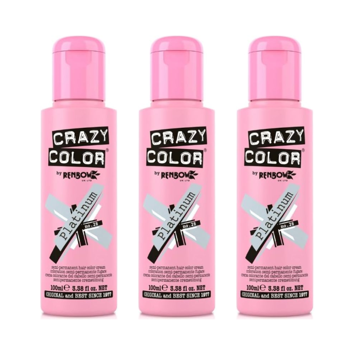 Crazy Color 28 Metallic Platinum Semi-Permanent Hair Color Cream 100ml - Pack of 3