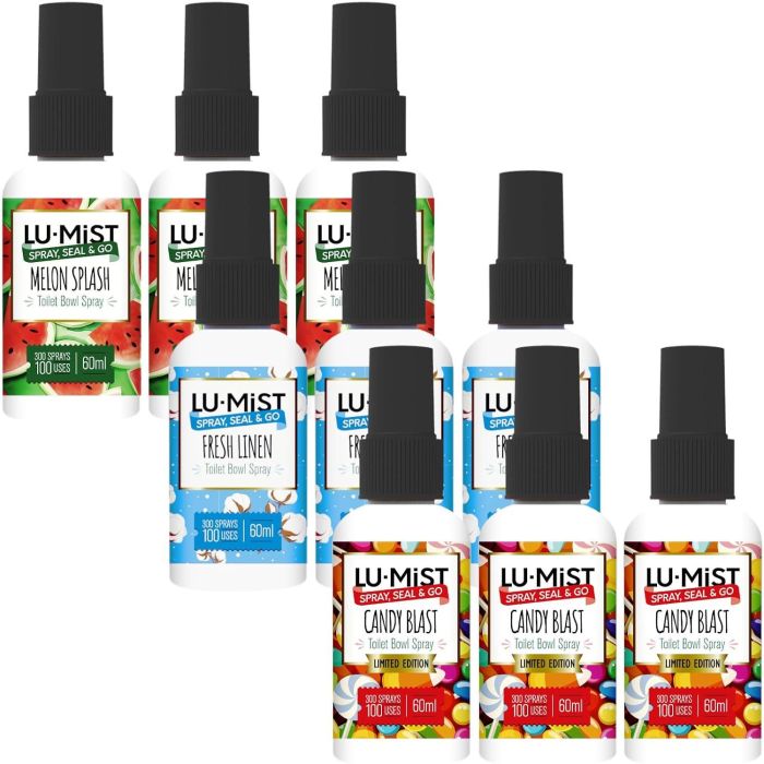 Lu Mist Toilet Spray 3 Pack Fresh Linen, Candy & Melon 60ml Each - Pack of 3