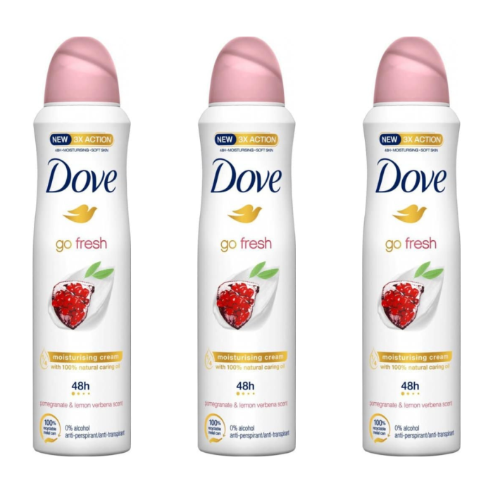 Dove Go Fresh Pomegranate Antiperspirant Deodorant Spray 250ml can on bathroom shelf

