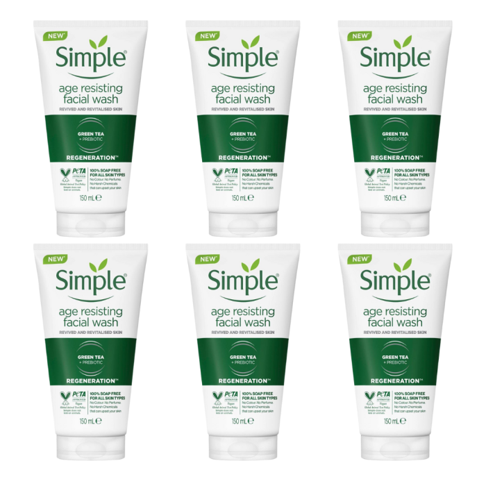 Simple Regeneration Age Resisting Facial Wash 150ml tube on a clean bathroom shelf
