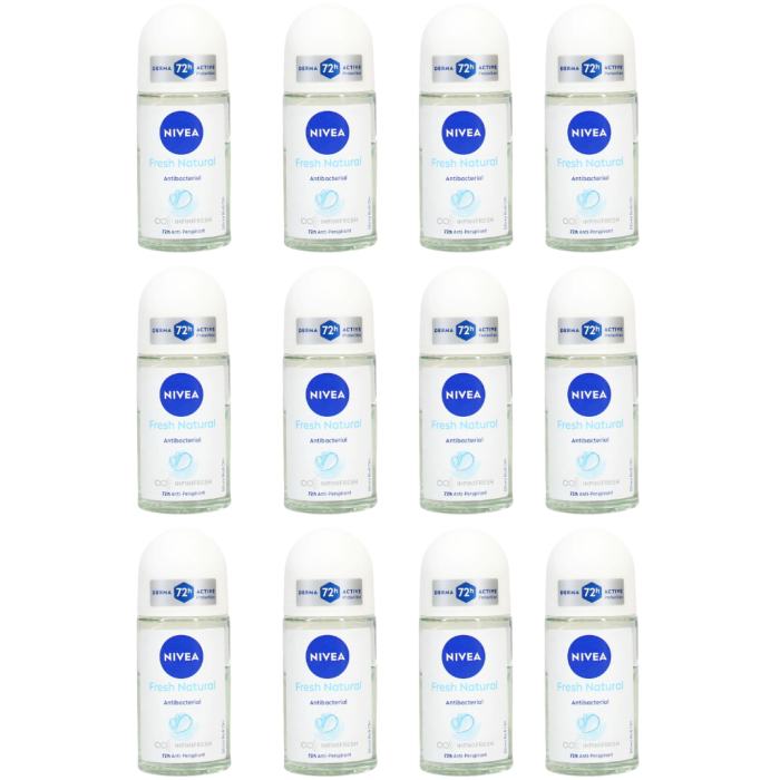 Nivea 72h Fresh Natural Antibacterial Roll On Deodorant 50ml - Pack of 12