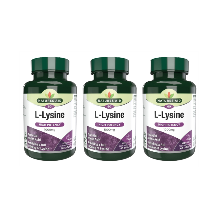 Natures Aid L-Lysine High Potency 1000mg Amino Acid 60 Tablets - Pack of 3