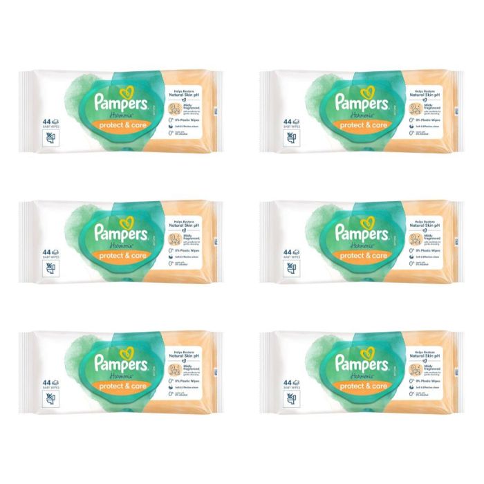 Pampers Harmonie Protect and Care Baby Wipes 44s pack on a clean nursery shelf
