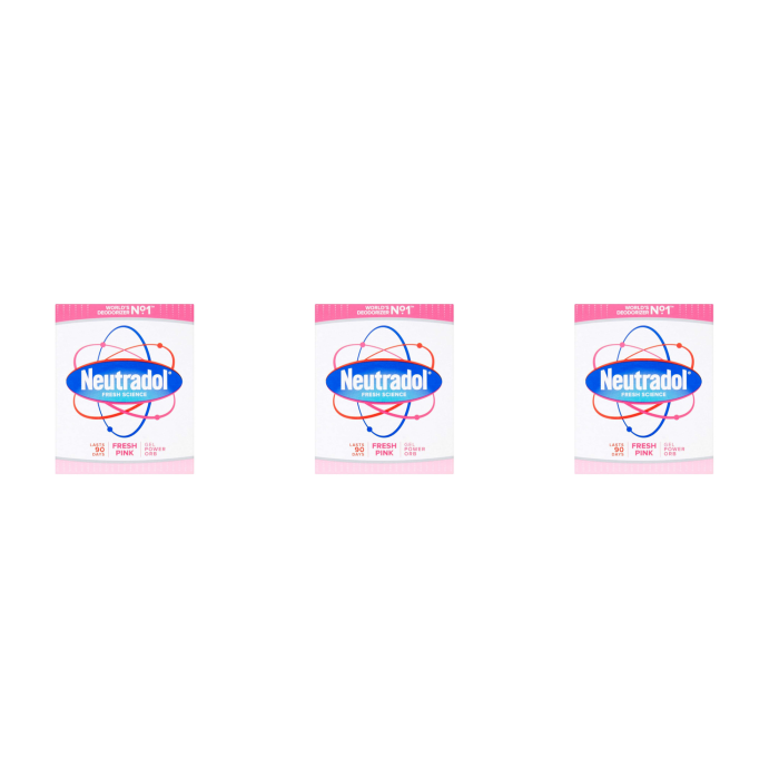 Neutradol Fresh Pink Gel Odour Deodourizer 135ml pot on a bathroom shelf
