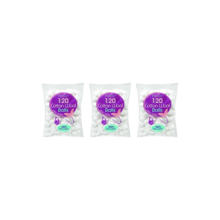 Cotton Tree 120 Cotton Wool Balls 100% Pure Cotton for Gentle Use - Pack of 3