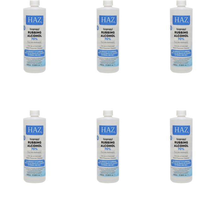 HAZ Isopropyl 70% Rubbing Alcohol First Aid Antiseptic Cleanser 500ml - Pack of 6