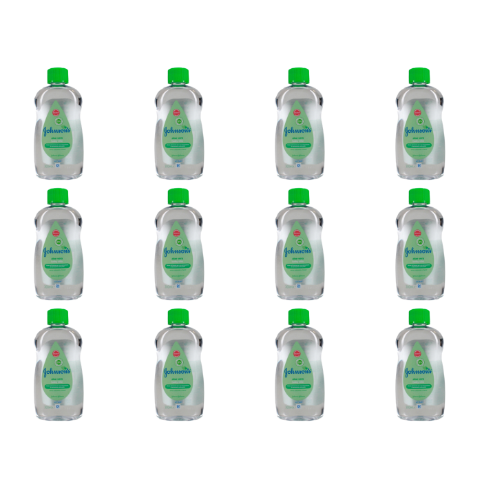Johnson's Baby Aloe Vera Oil 300ml bottle on a clean nursery shelf
