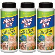 Pestshield Move It Cat and Dog Garden Repellent 240g tub on a garden path
