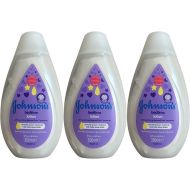 Johnson's Baby Bedtime Lotion 300ml bottle on a nursery shelf beside baby bath products

