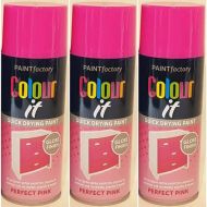 Paint Factory Colour It Quick Drying Spray Perfect Pink Gloss Finish 400ml - Pack of 3