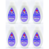 Johnson's Baby Bedtime Lotion 300ml bottle on a nursery shelf beside baby bath products
